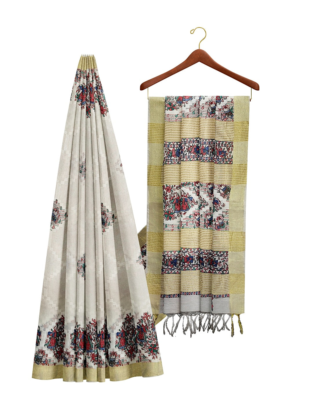 Handpainted Madhubani Kota Silk Saree in White with Zari Border